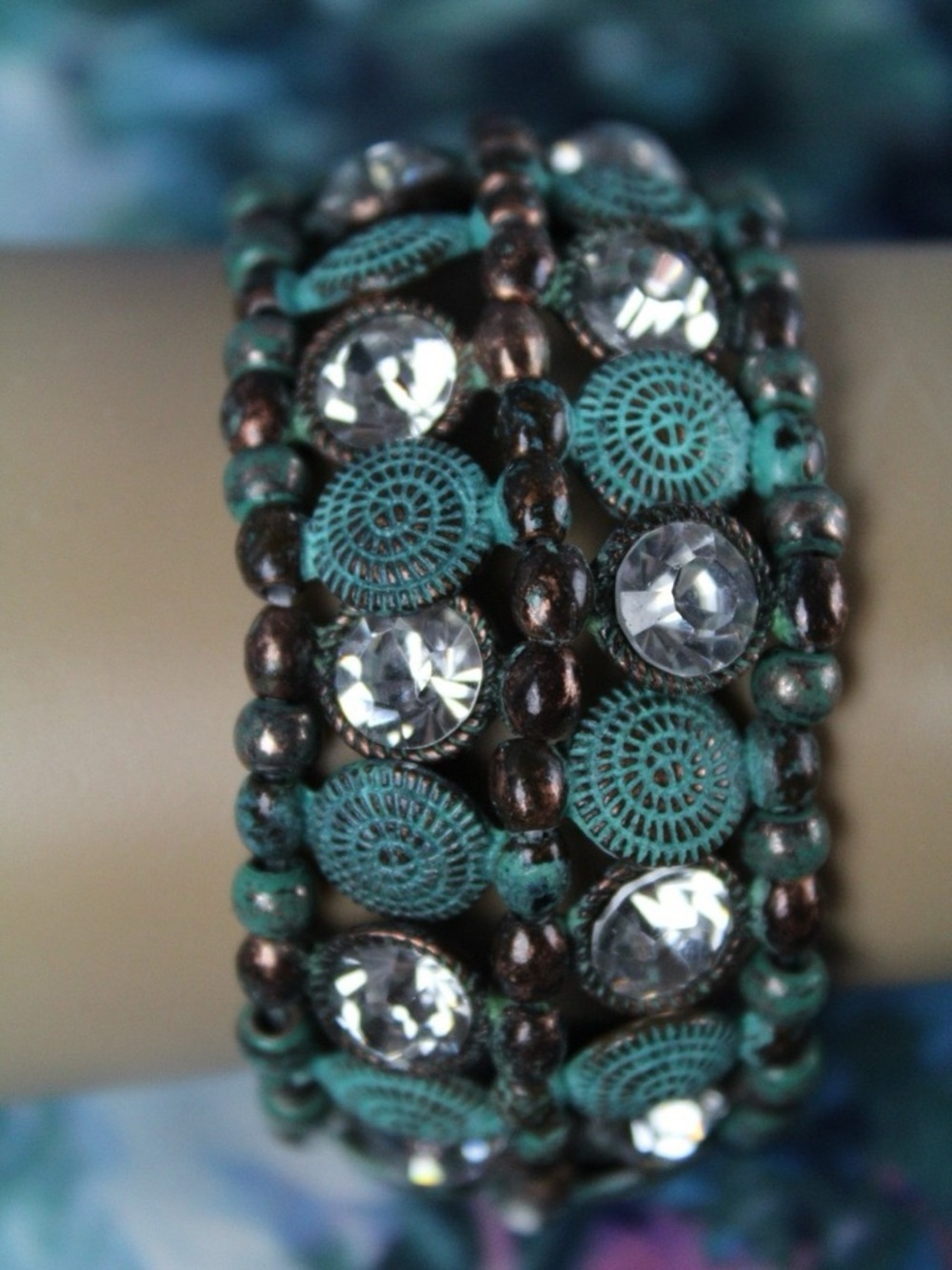 Shabby Chic Rustic Patinated Bronze, Turquoise & Rhinestones Stretch Bracelet - Picture 3 of 4